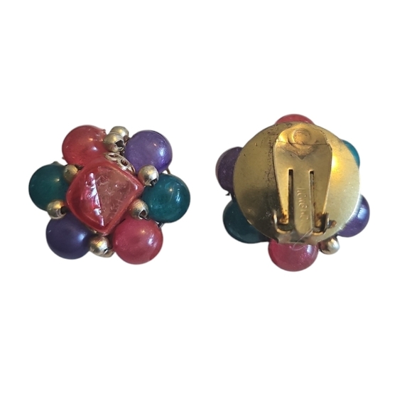 🦋 Vintage Colorful Beaded Clip On Earrings signed Hong Kong - Picture 3 of 5
